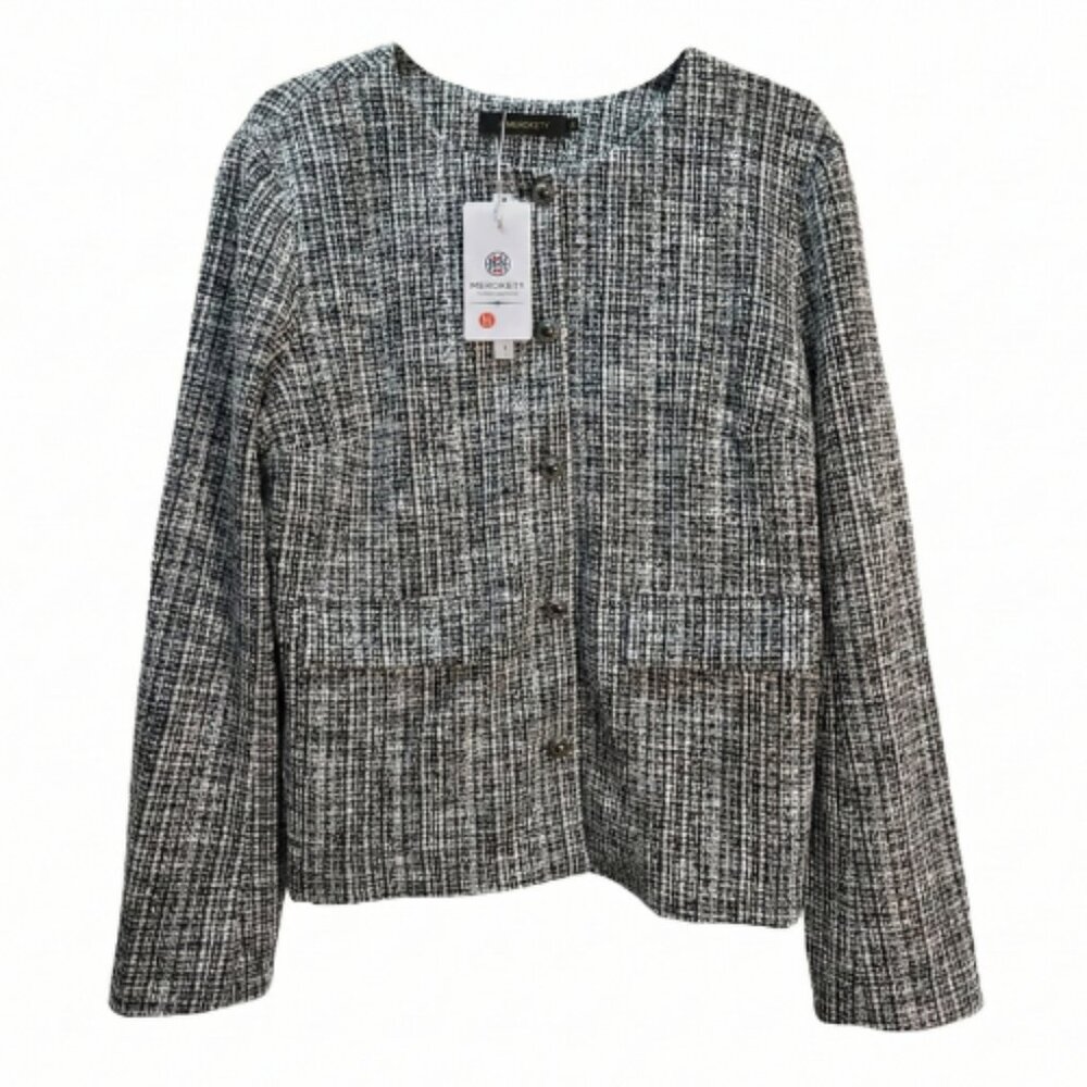NWT | Merokeety Black & White Tweed Blazer | Silver Button Detail | Size Medium